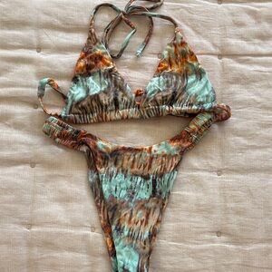 Poema Mint Green and Rust Tie-Dye Triangle Bikini
